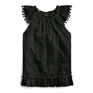 J.CREW Eyelet Pom Pom Top Cotton Poplin Black NWT XXS Women Blouse Ruffle Trim